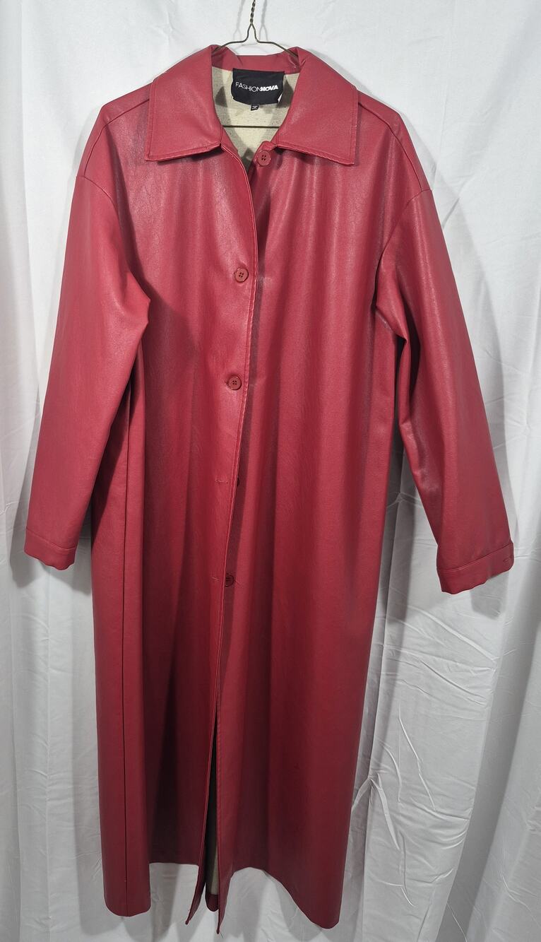 Fashion Nova Red Faux Leather Long Trench Coat Size L Large Matrix Streetwear Wo